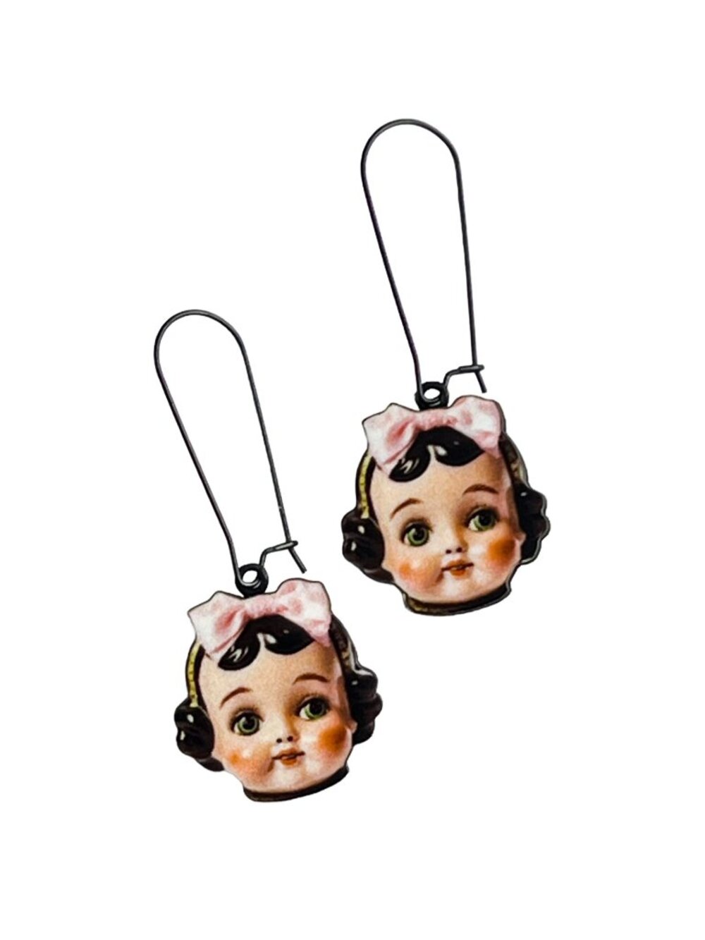 Vintage Doll Face Pink Bows Wood Cutout Dangle Earrings Kitsch Cute